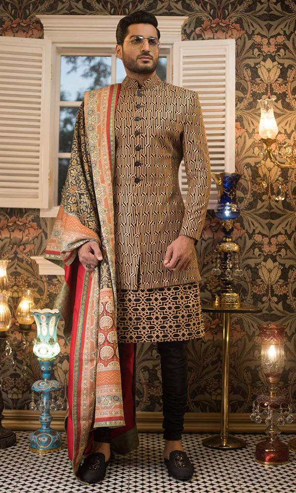 Brown Geometric Silk Blend Groom Sherwani (3-Piece) - Image 2