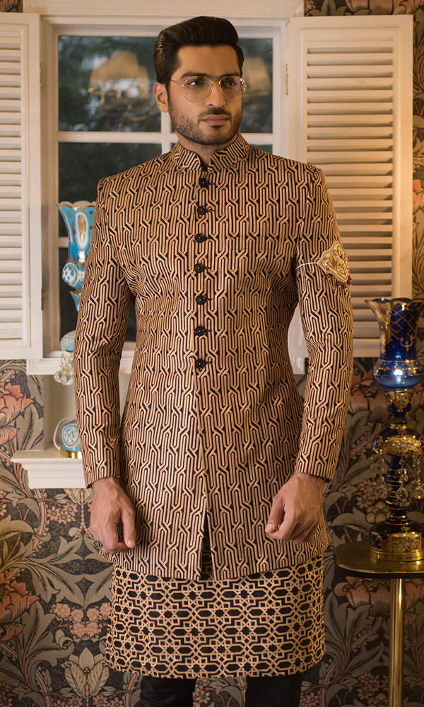 Brown Geometric Silk Blend Groom Sherwani (3-Piece) - Image 3