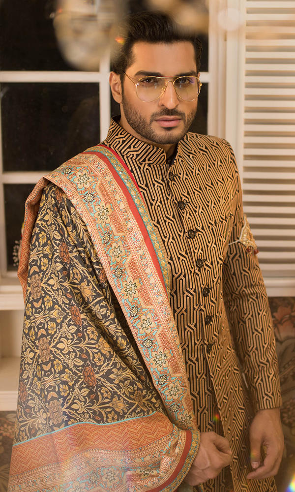 Brown Geometric Silk Blend Groom Sherwani (3-Piece) - Image 4