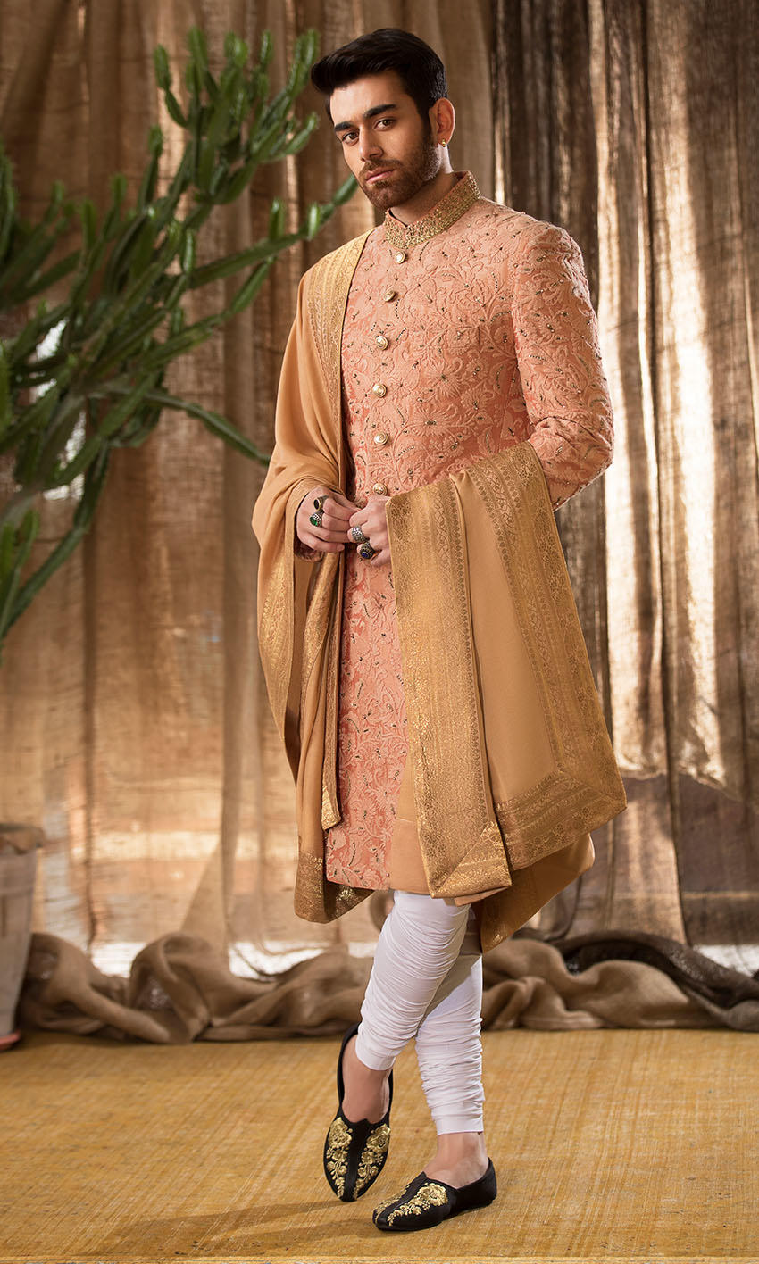 Burnt Sienna Embroidered Silk-Blend Sherwani (3-Piece) - Image 1