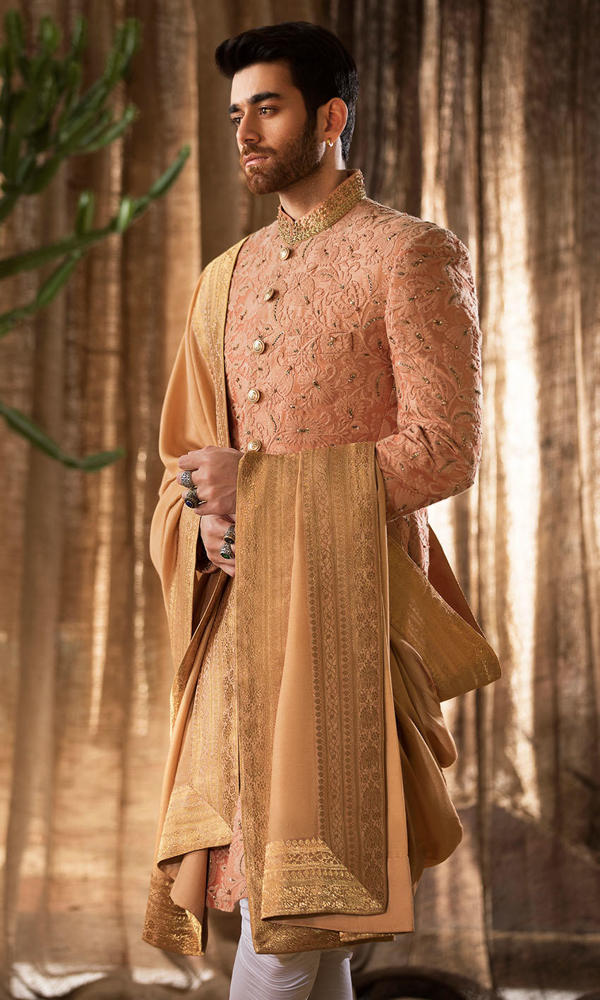 Burnt Sienna Embroidered Silk-Blend Sherwani (3-Piece) - Image 3