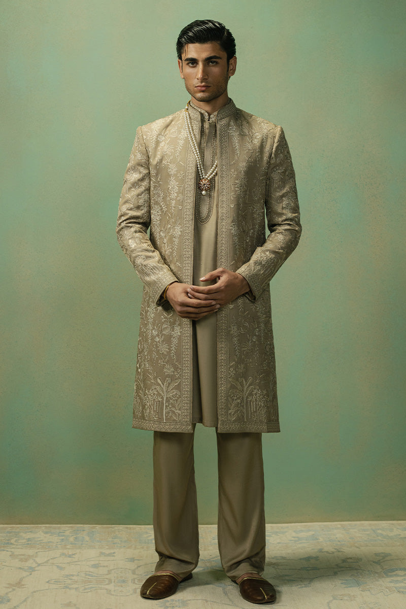 Light Brown Dull Gold Tilla Embroidered Sherwani (3-Piece) - Image 1