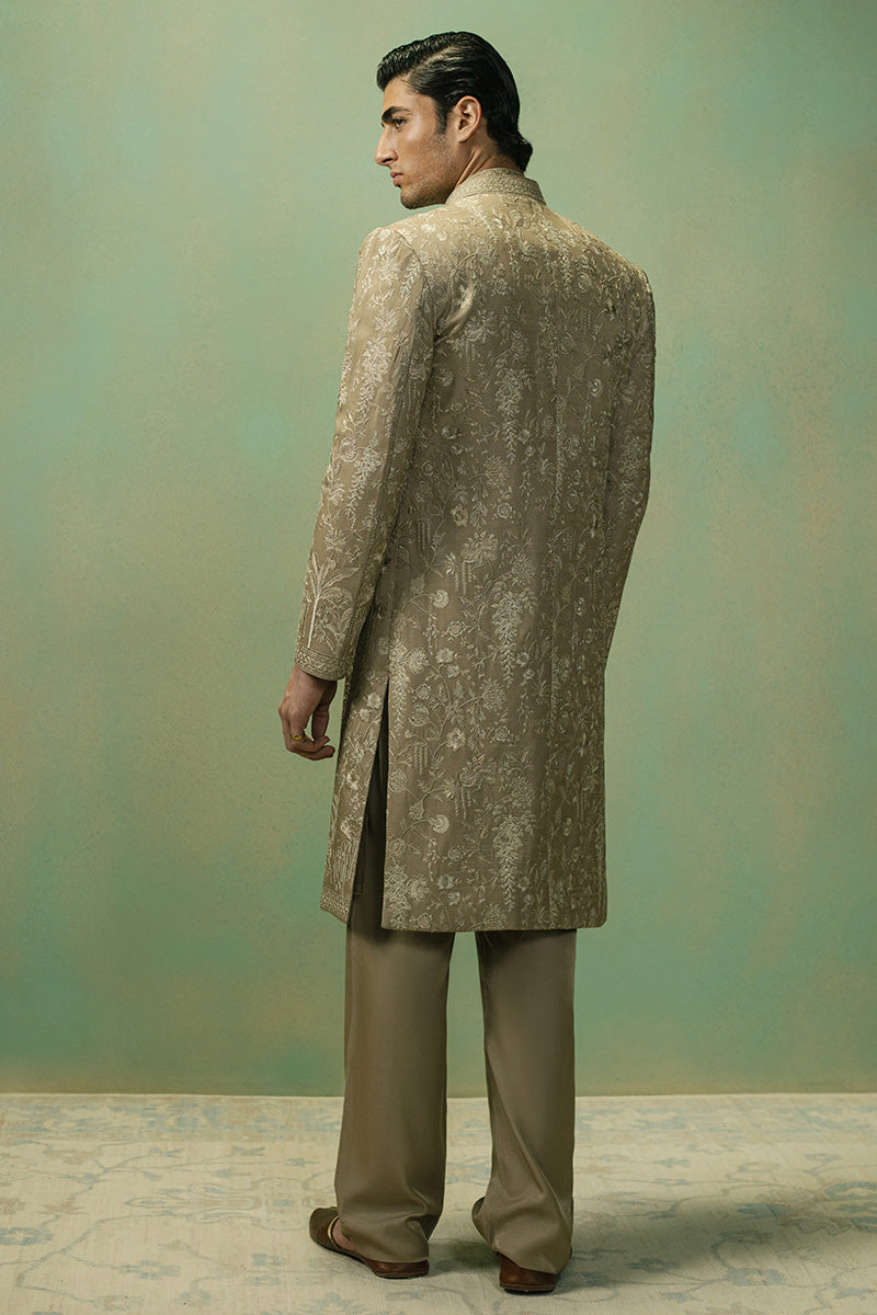 Light Brown Dull Gold Tilla Embroidered Sherwani (3-Piece) - Image 4