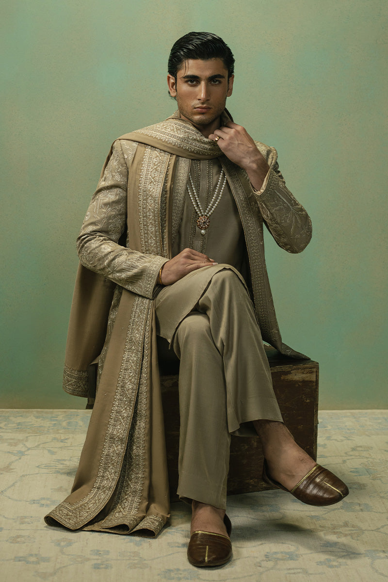 Light Brown Dull Gold Tilla Embroidered Sherwani (3-Piece) - Image 7