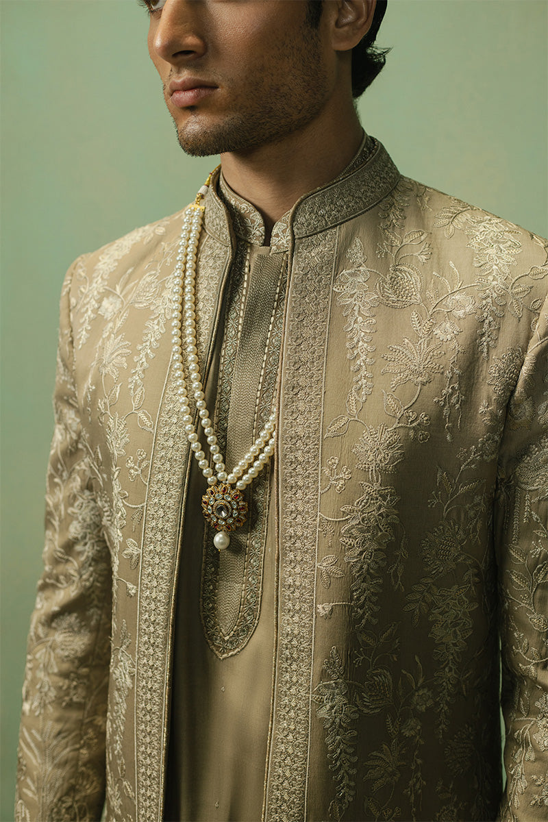 Light Brown Dull Gold Tilla Silk-Blend Sherwani (3-Piece) - Image 3