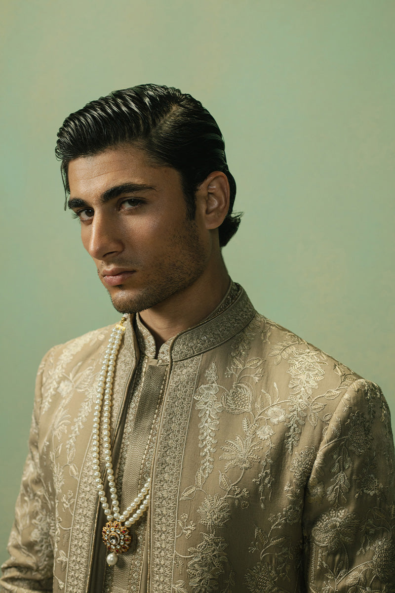 Light Brown Dull Gold Tilla Silk-Blend Sherwani (3-Piece) - Image 5