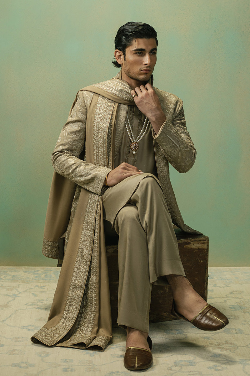 Light Brown Dull Gold Tilla Silk-Blend Sherwani (3-Piece) - Image 6