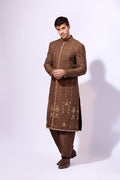 Chocolate Brown Resham Zardozi Tropical Sherwani (3-Piece) - Image 1