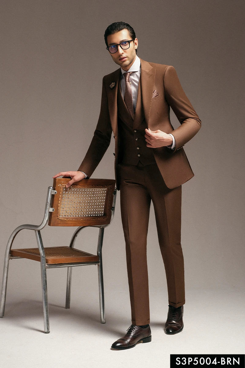Brown Hand-Embellished Suiting Fabric Groom Suit (3-Piece) - Image 1