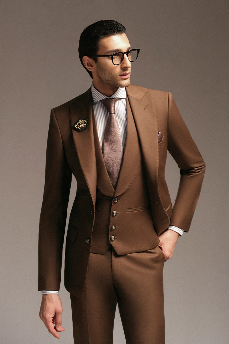 Brown Hand-Embellished Suiting Fabric Groom Suit (3-Piece) - Image 2