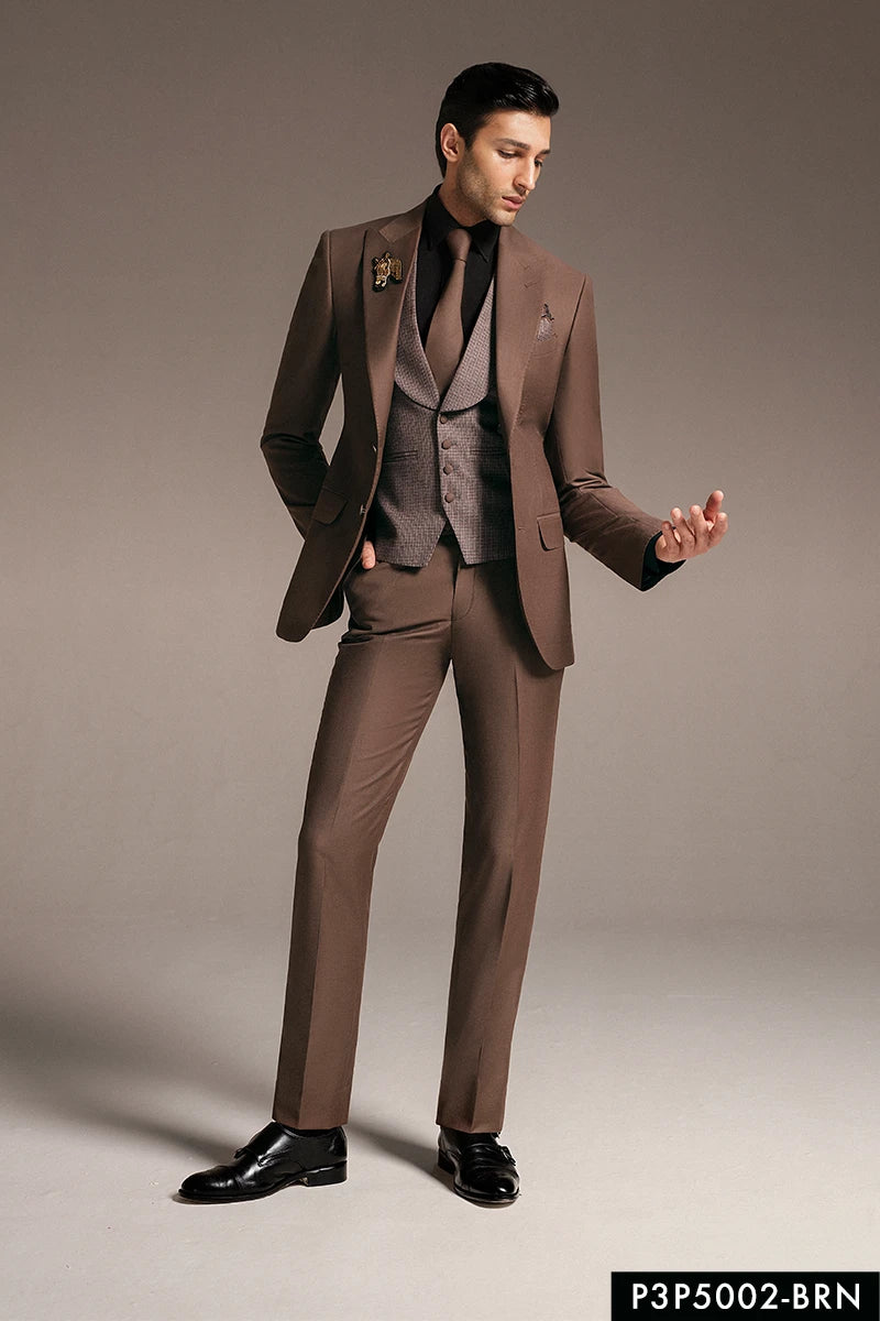 Brown Hem-Stitch Wool-Blend Three-Piece Suit (3-Piece) - Image 1