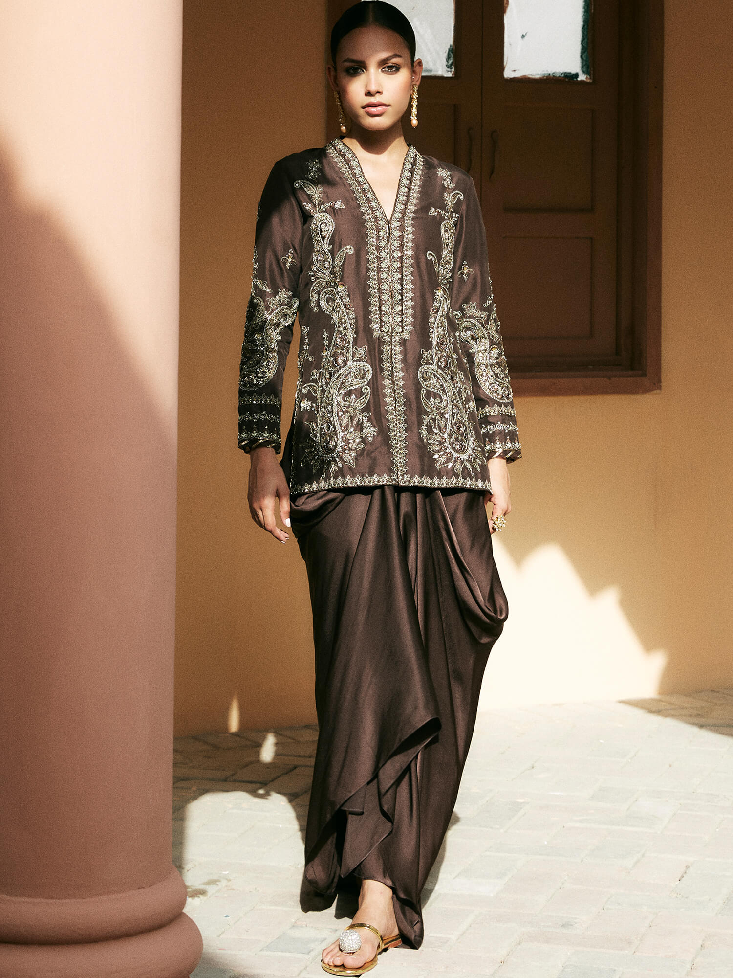 Bitter Chocolate Embroidered Raw Silk Jacket & Satin Skirt (2-Piece) - Image 1