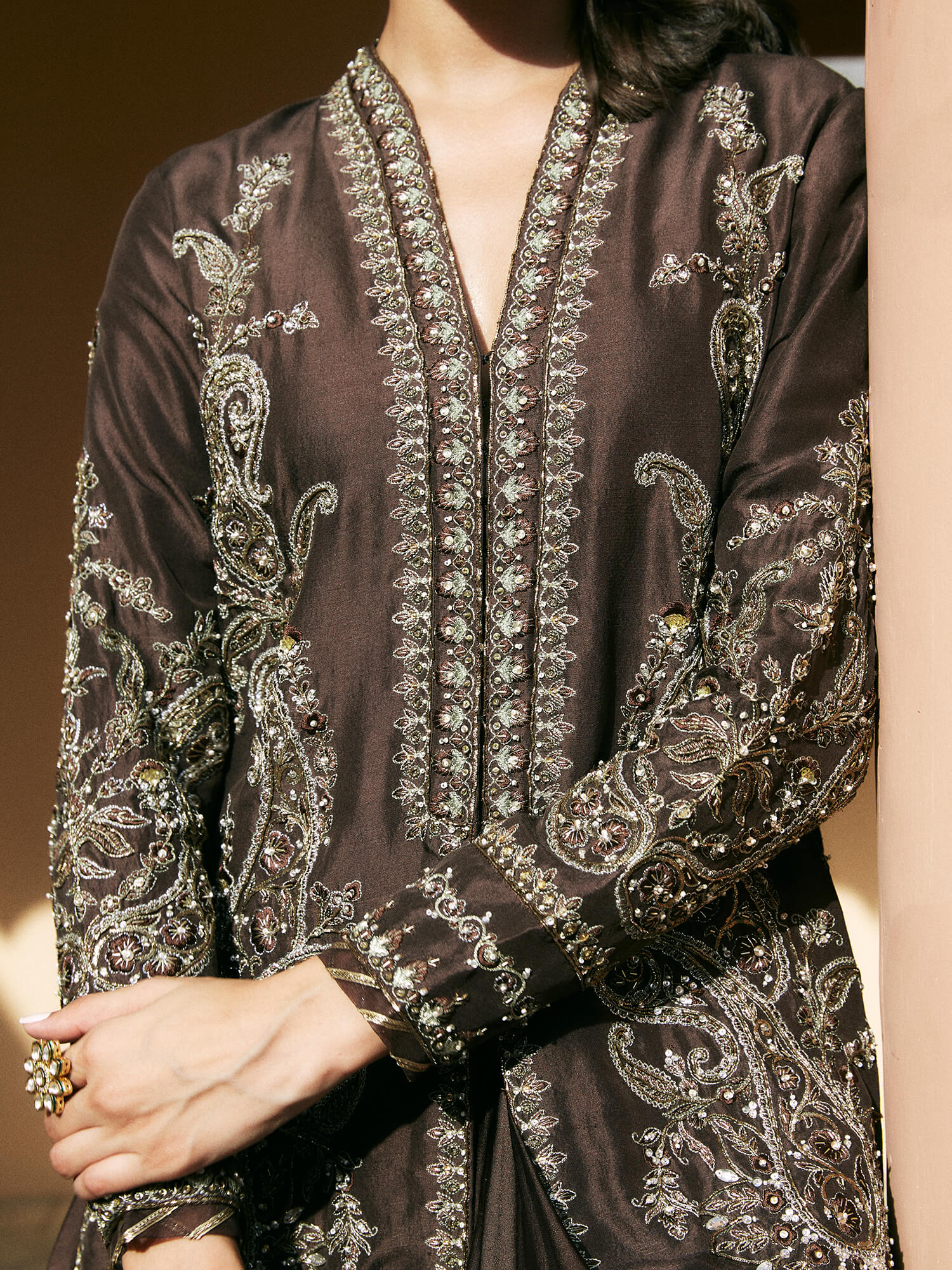 Bitter Chocolate Embroidered Raw Silk Jacket & Satin Skirt (2-Piece) - Image 2