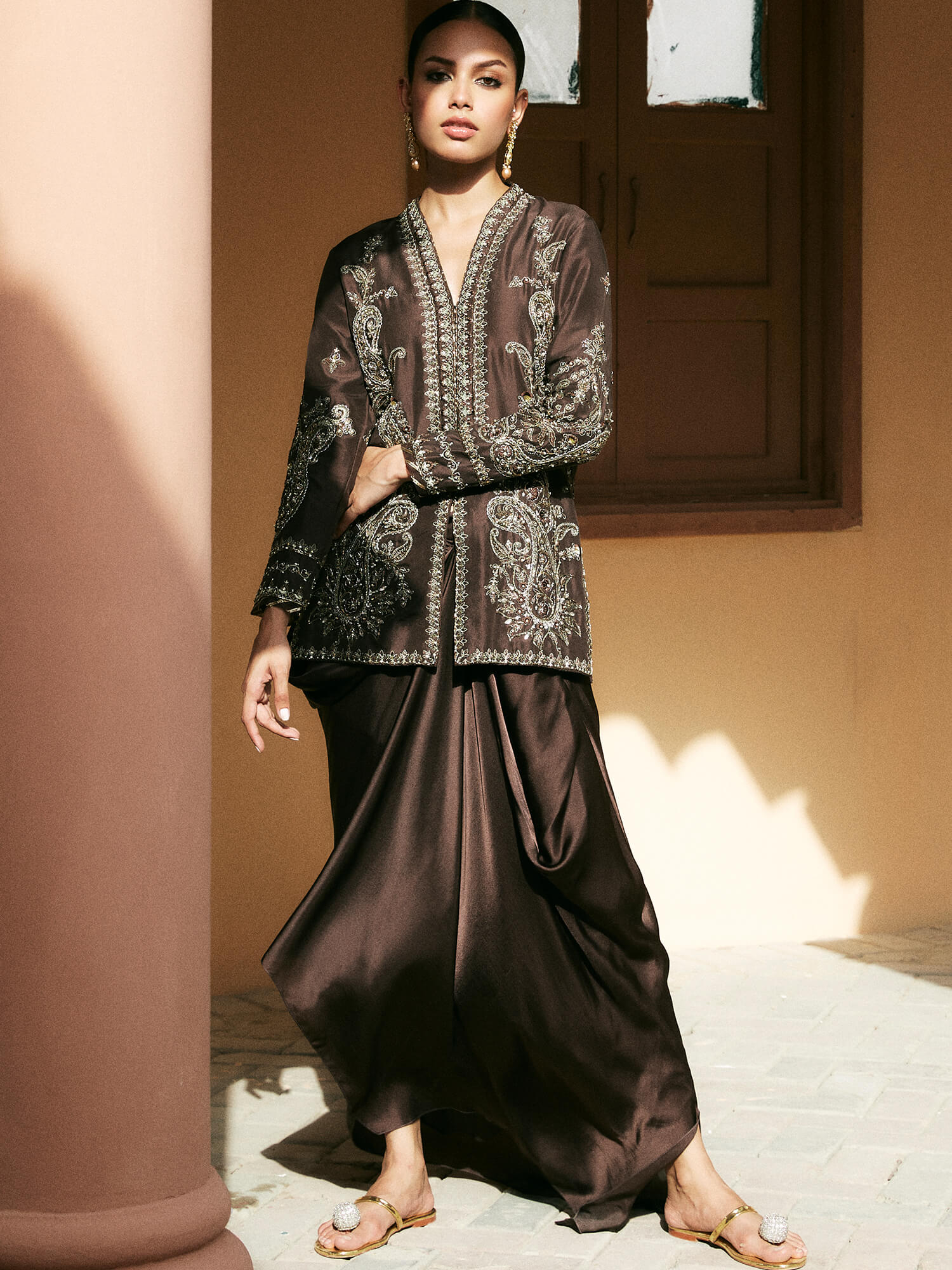 Bitter Chocolate Embroidered Raw Silk Jacket & Satin Skirt (2-Piece) - Image 3