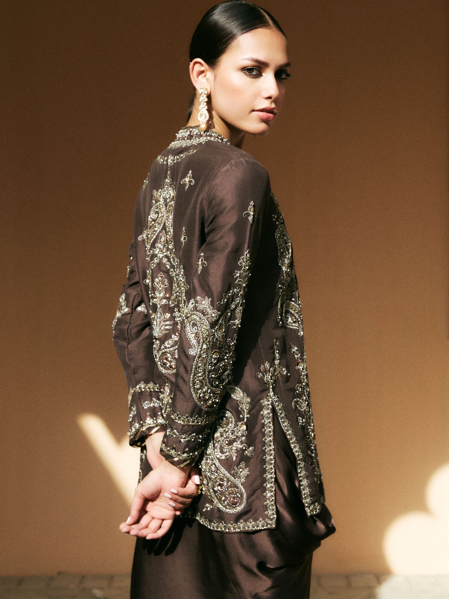 Bitter Chocolate Embroidered Raw Silk Jacket & Satin Skirt (2-Piece) - Image 4