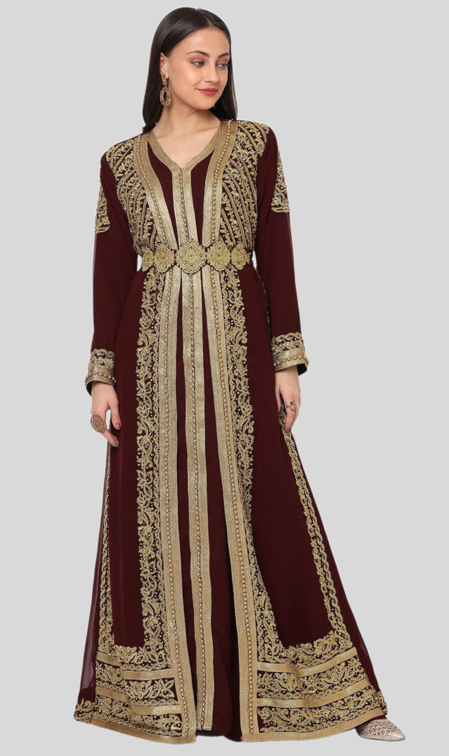 Brown Hand-Embroidered Georgette Kaftan (1-Pc) - Image 1