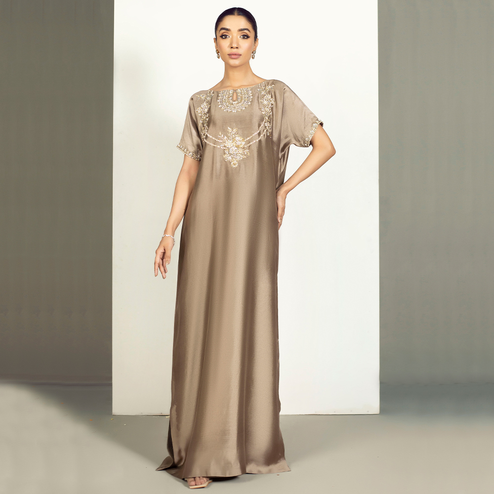Mouse Brown Hand-Embellished Silk Kaftan (2-Piece) - Image 1