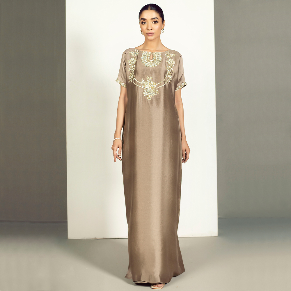 Mouse Brown Hand-Embellished Silk Kaftan (2-Piece) - Image 2