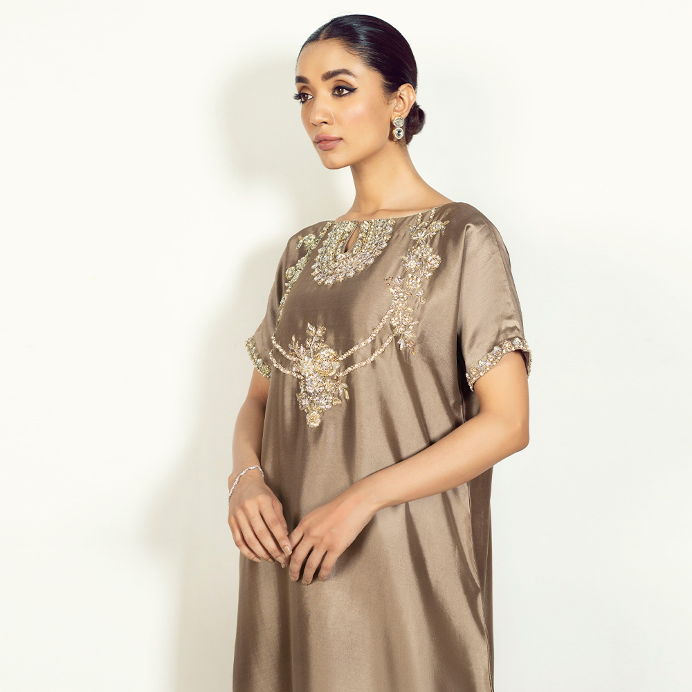 Mouse Brown Hand-Embellished Silk Kaftan (2-Piece) - Image 3