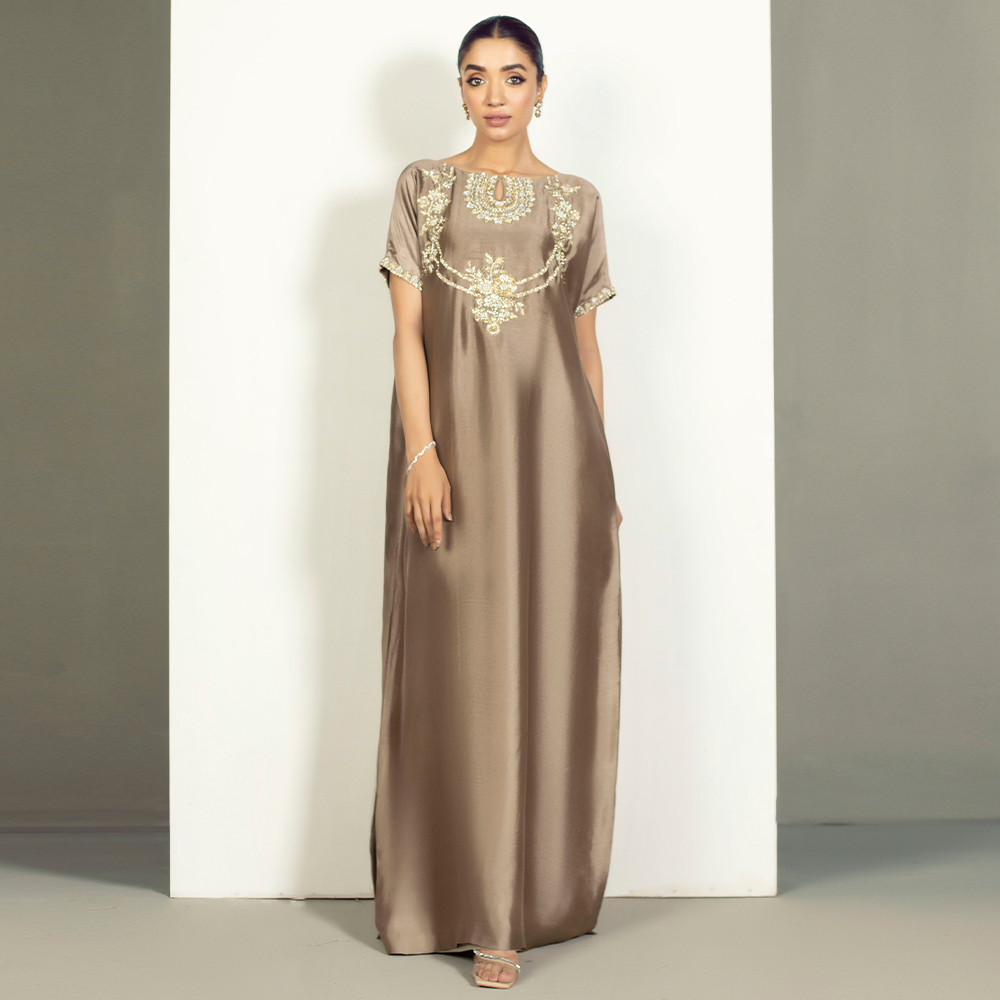 Mouse Brown Hand-Embellished Silk Kaftan (2-Piece) - Image 5