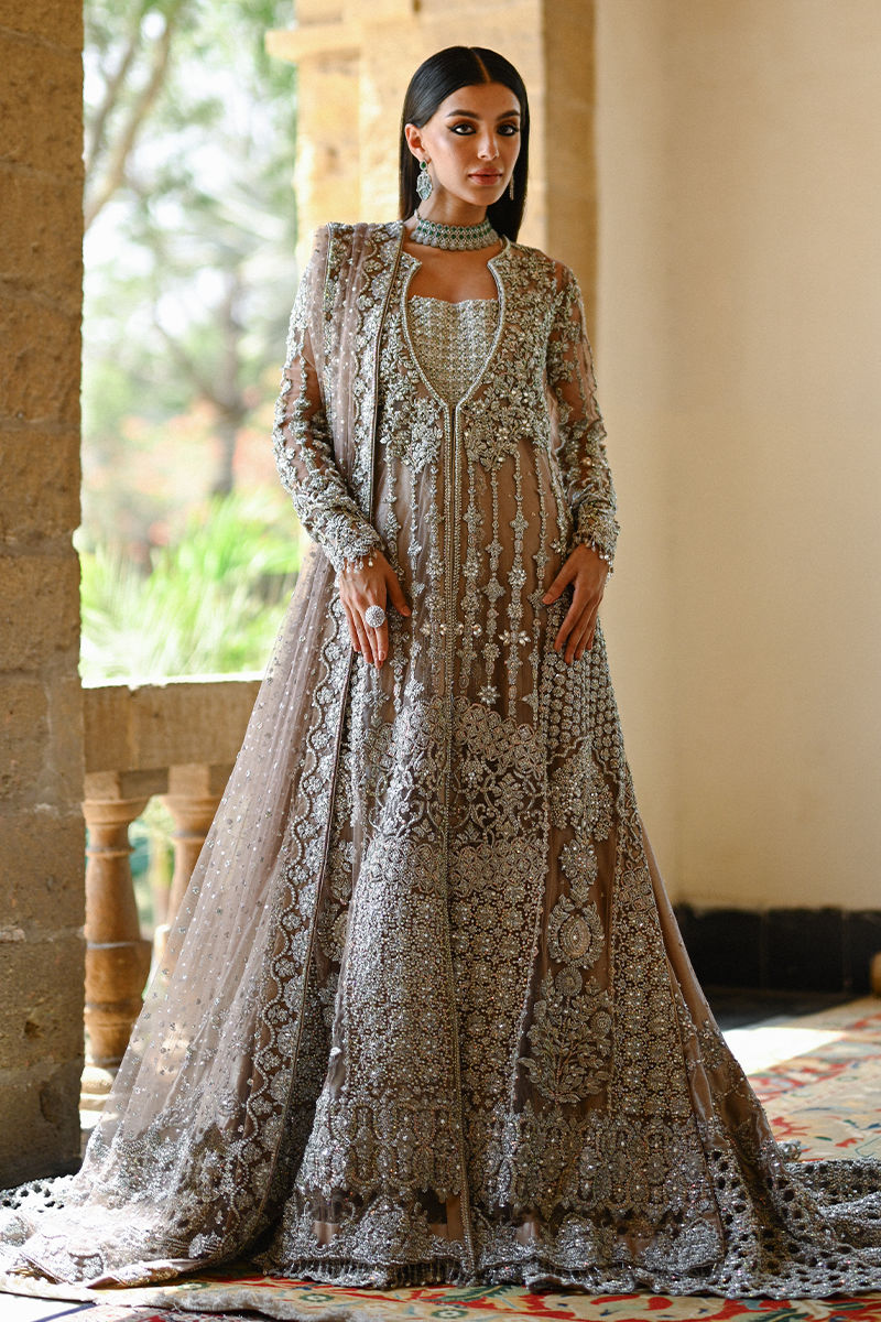 Pakistani Mocha Embellished Net Jacket with Silver Lamé Kalidaar (3-Piece) - Image 1