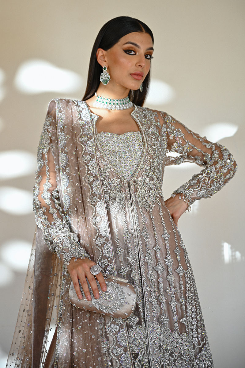 Pakistani Mocha Embellished Net Jacket with Silver Lamé Kalidaar (3-Piece) - Image 2