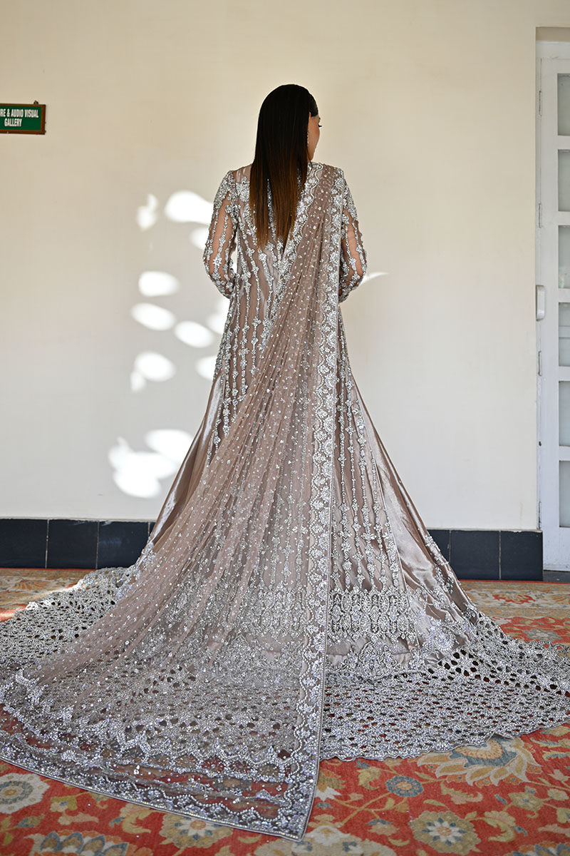 Pakistani Mocha Embellished Net Jacket with Silver Lamé Kalidaar (3-Piece) - Image 3