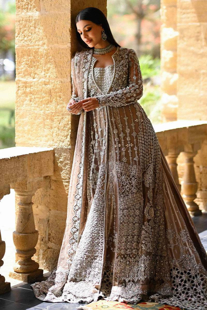 Pakistani Mocha Embellished Net Jacket with Silver Lamé Kalidaar (3-Piece) - Image 4