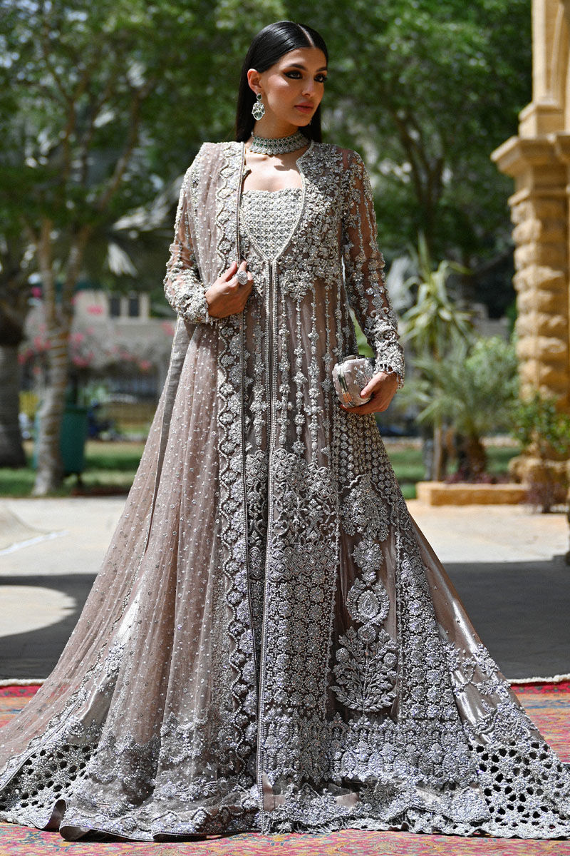 Pakistani Mocha Embellished Net Jacket with Silver Lamé Kalidaar (3-Piece) - Image 5