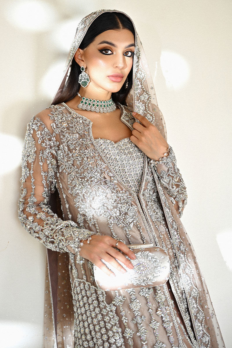 Pakistani Mocha Embellished Net Jacket with Silver Lamé Kalidaar (3-Piece) - Image 6