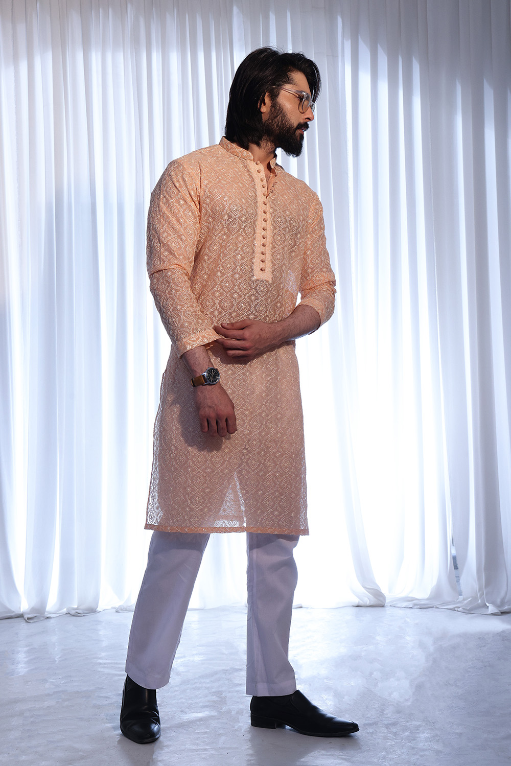 Burnt Sienna Embroidered Cotton-Silk Kurta (2-Piece) - Image 2