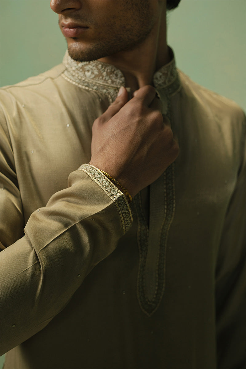 Light Brown Embroidered Tropical Blend Kurta Pajama (2-Piece) - Image 2