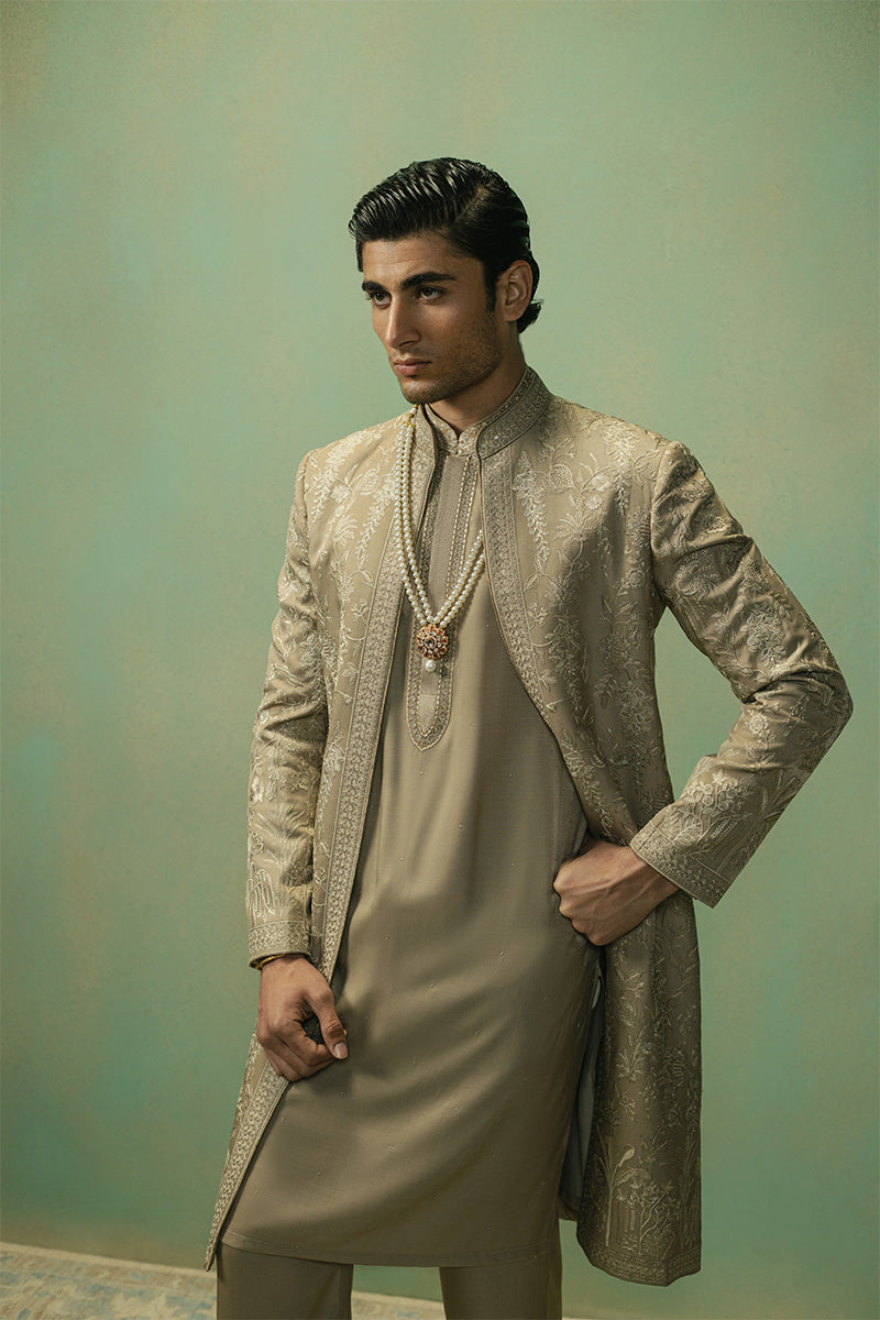 Light Brown Embroidered Tropical Blend Kurta Pajama (2-Piece) - Image 4