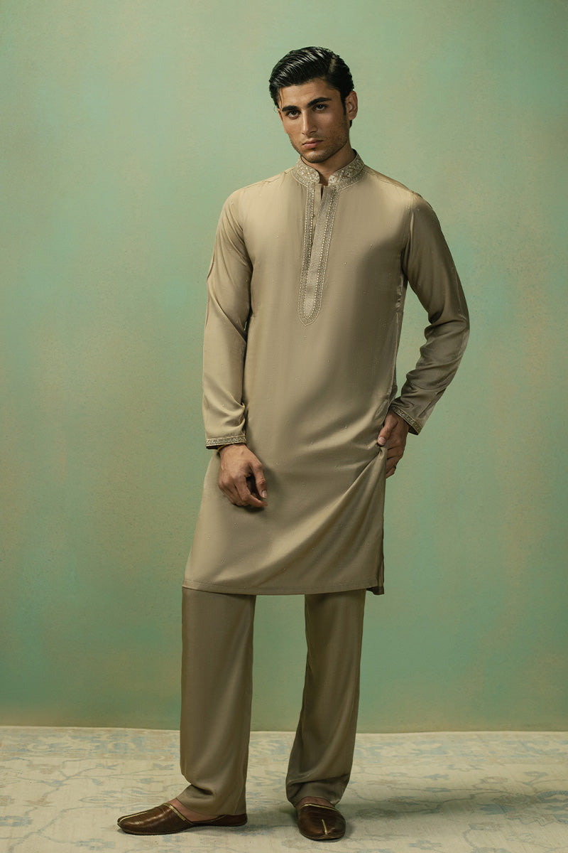 Light Brown Embroidered Tropical Blend Kurta Pajama (2-Piece) - Image 1