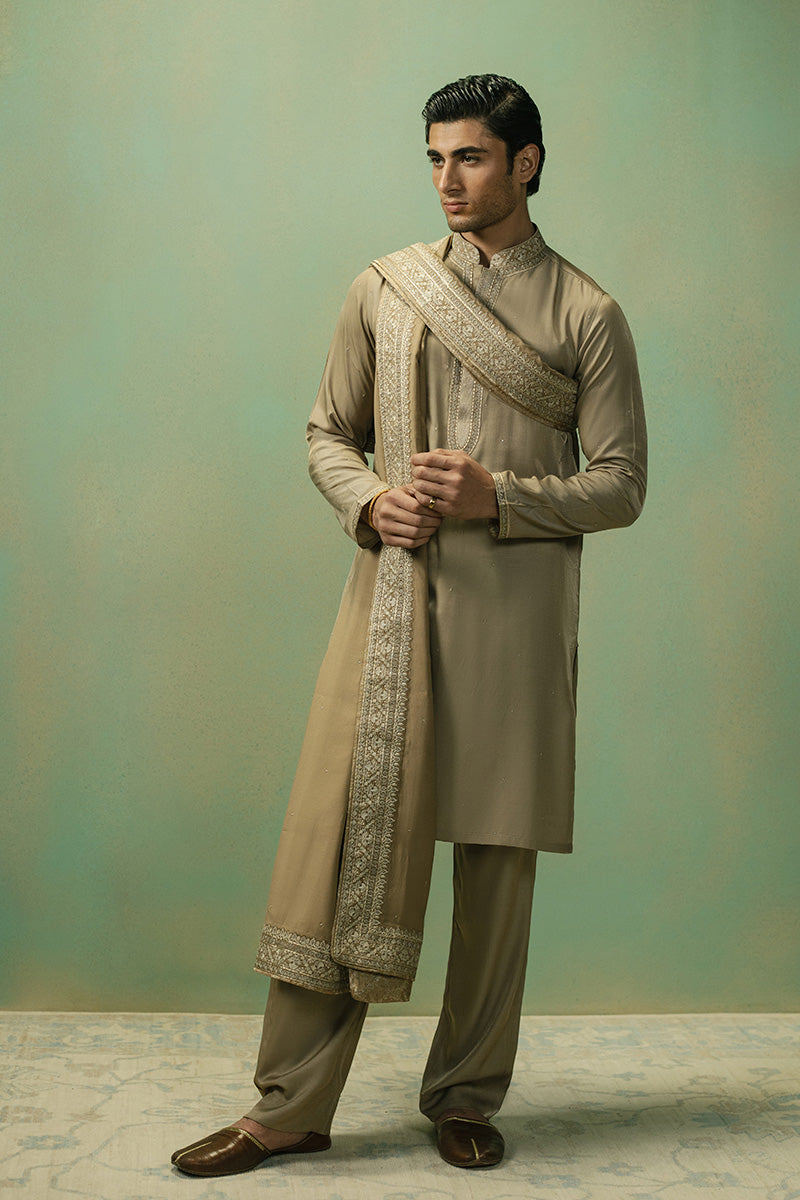 Light Brown Embroidered Tropical Blend Kurta Pajama (2-Piece) - Image 5