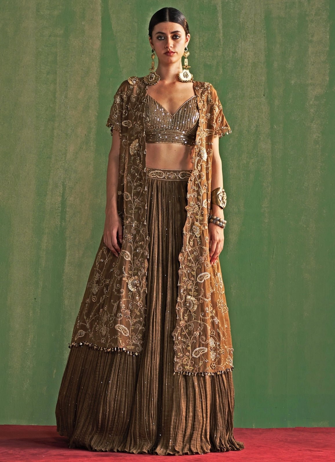 Pakistani Brown Sequined Georgette Lehenga Set (3-Piece) - Image 1