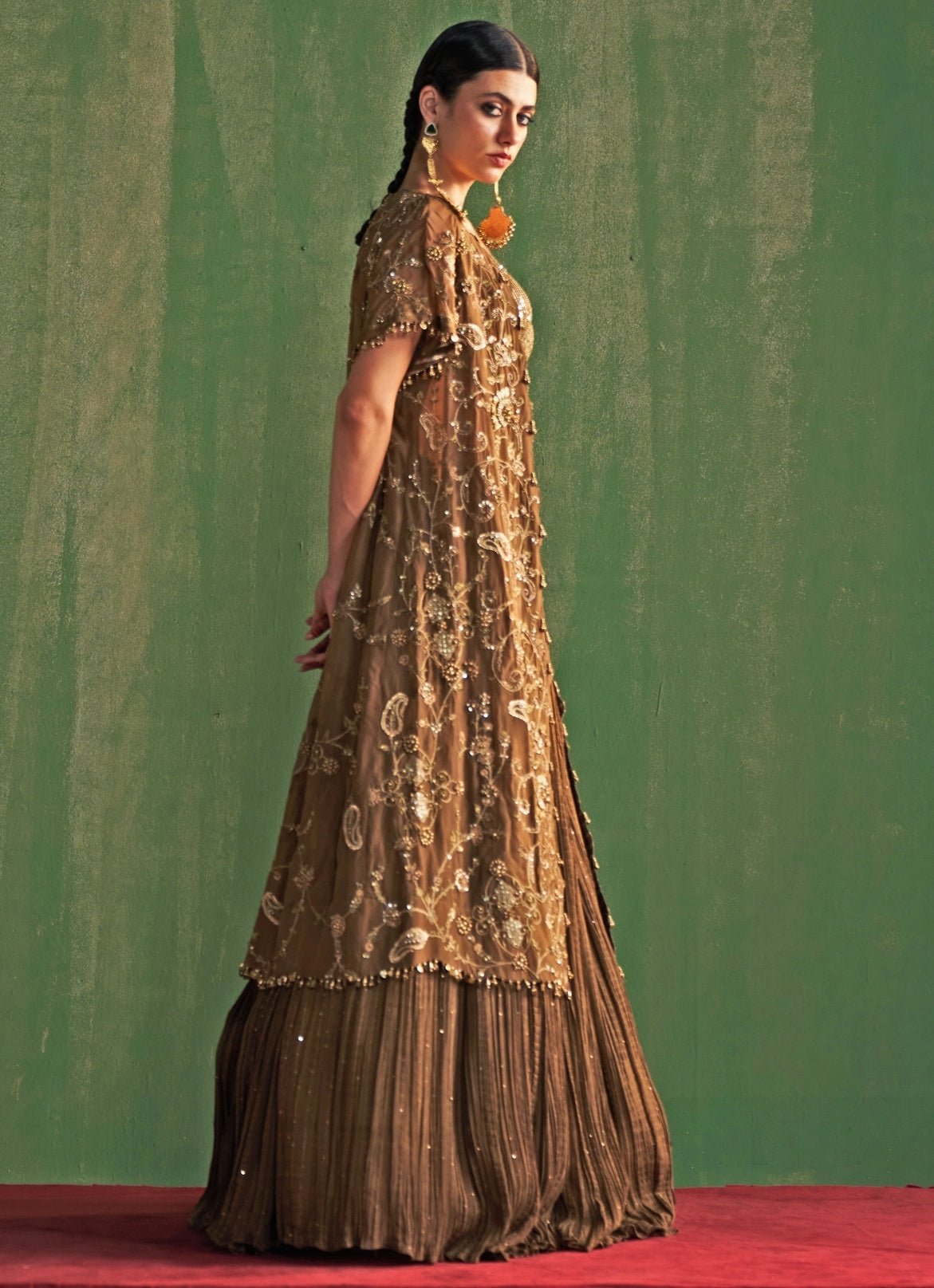 Pakistani Brown Sequined Georgette Lehenga Set (3-Piece) - Image 3