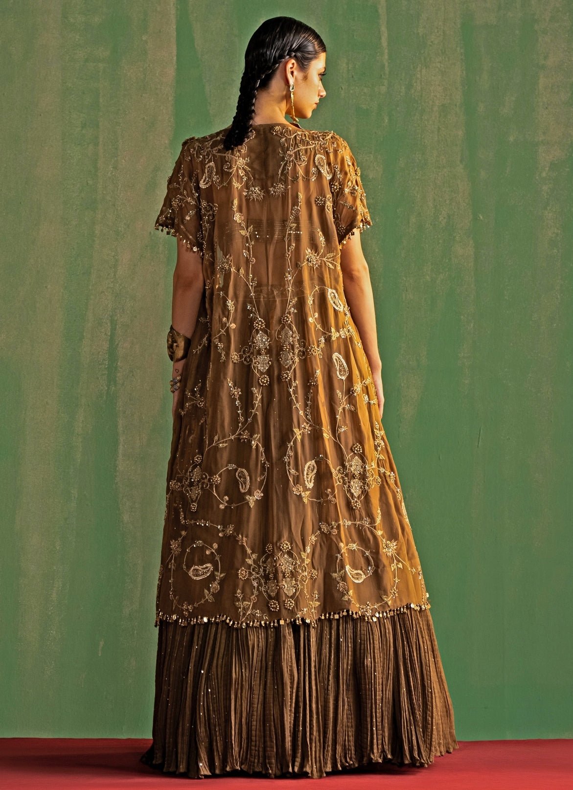 Pakistani Brown Sequined Georgette Lehenga Set (3-Piece) - Image 5