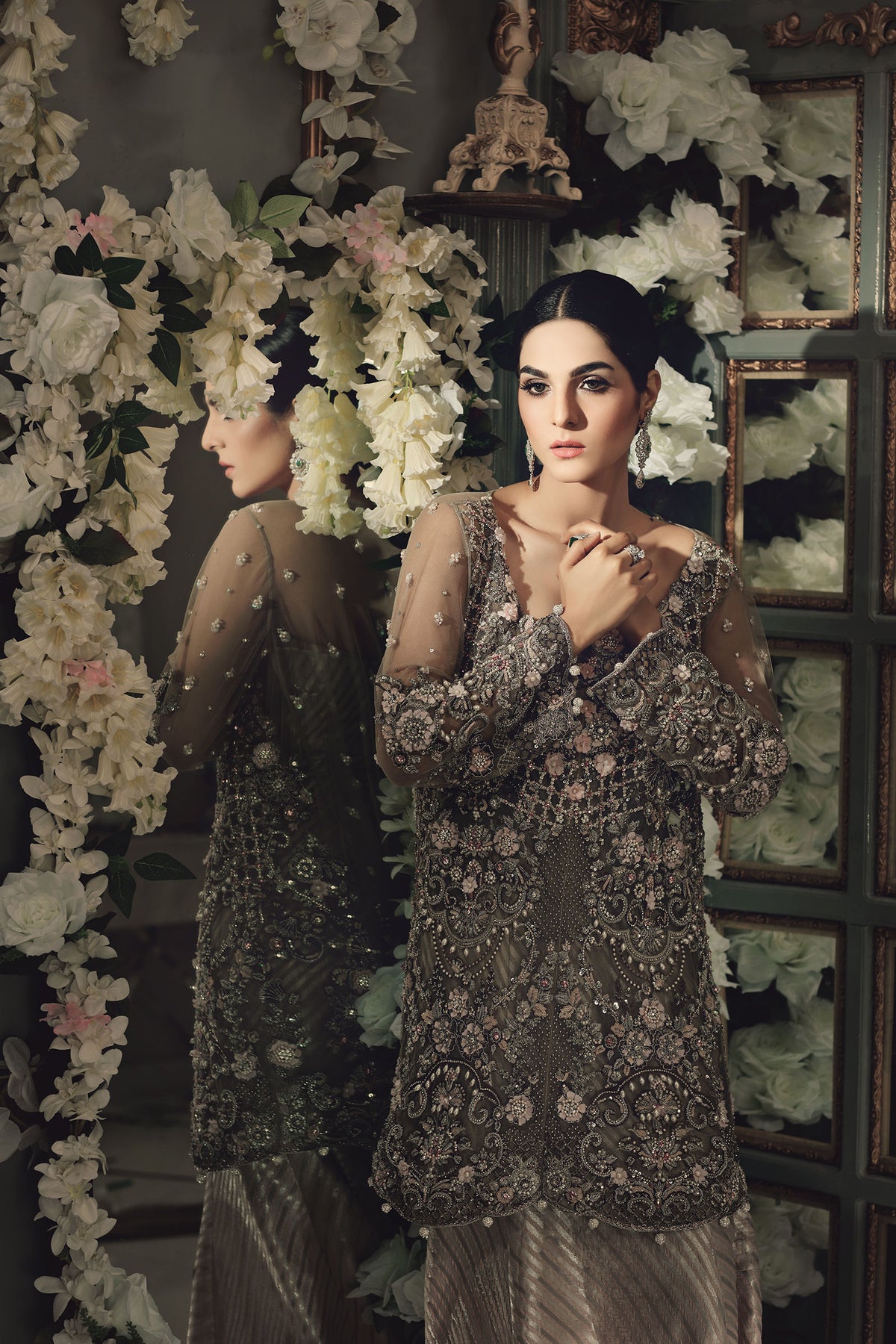 Coffee and Powder Pink Embellished Net Peplum Lehenga (2-Piece) - Image 1