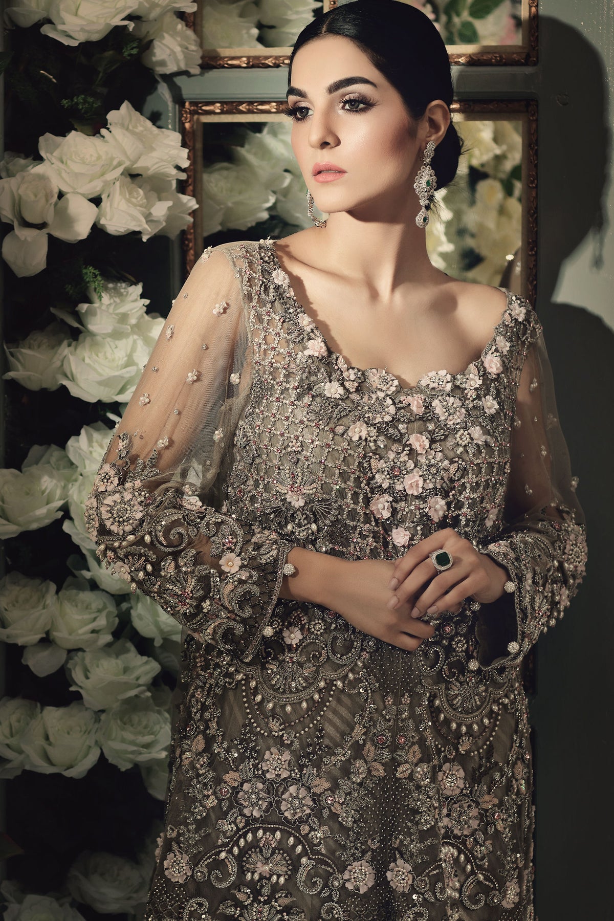 Coffee and Powder Pink Embellished Net Peplum Lehenga (2-Piece) - Image 2