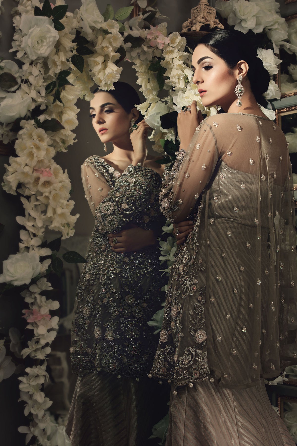 Coffee and Powder Pink Embellished Net Peplum Lehenga (2-Piece) - Image 3