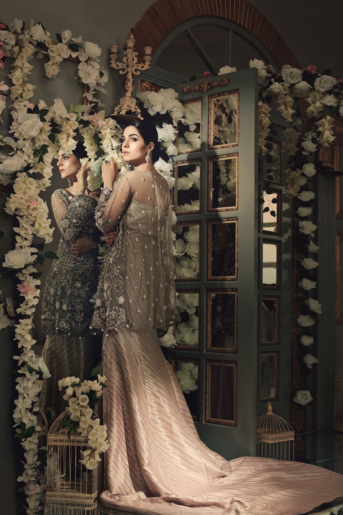 Coffee and Powder Pink Embellished Net Peplum Lehenga (2-Piece) - Image 4