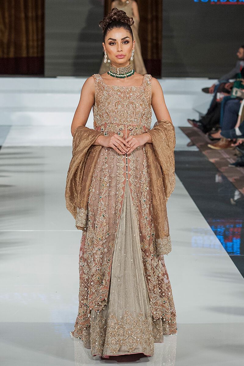 Brown Beige Embroidered Net Gown with Lehnga (3-Piece) - Image 1