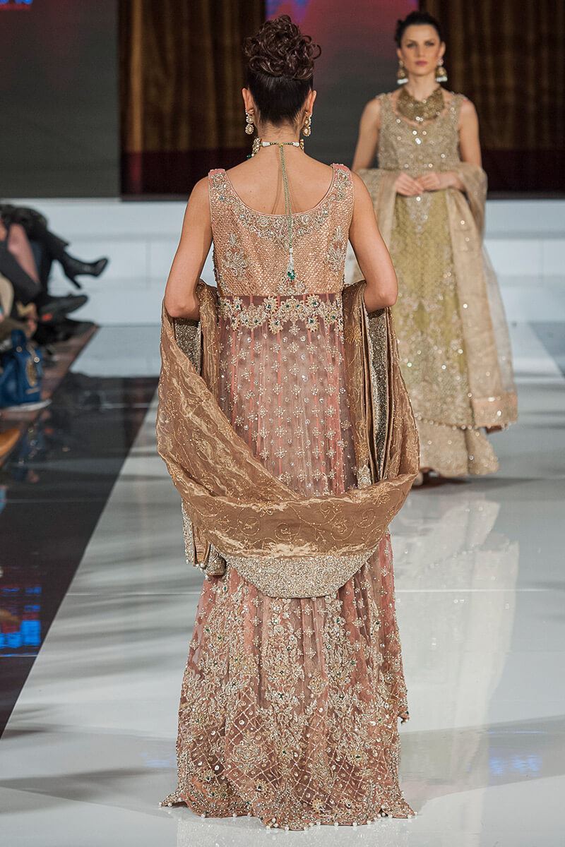 Brown Beige Embroidered Net Gown with Lehnga (3-Piece) - Image 2