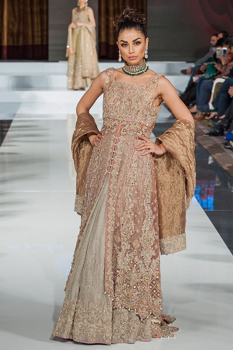 Brown Beige Embroidered Net Gown with Lehnga (3-Piece) - Image 3