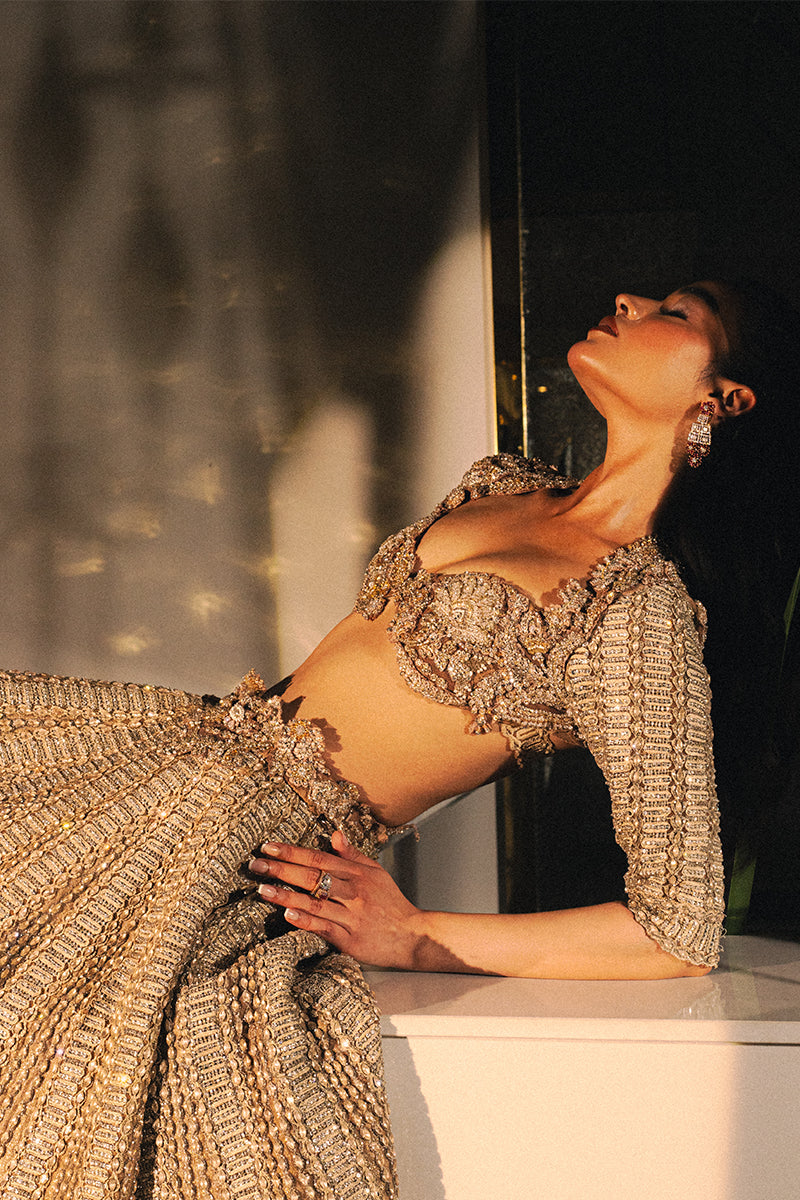 Mocha Embellished Net Organza Lehenga Choli (2-Piece) - Image 6