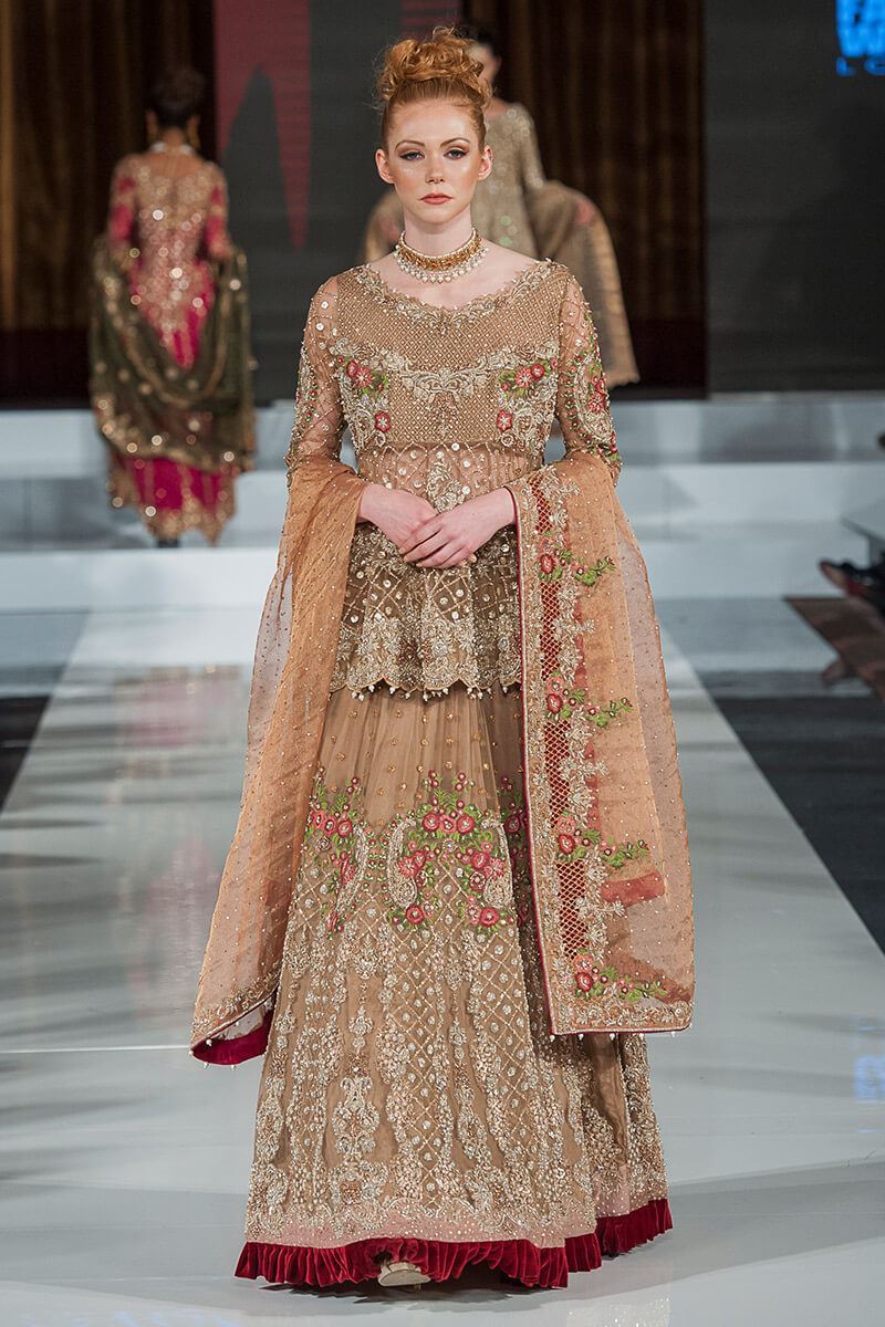 Brown Embroidered Net & Velvet Peplum Lehenga (3-Piece) - Image 1