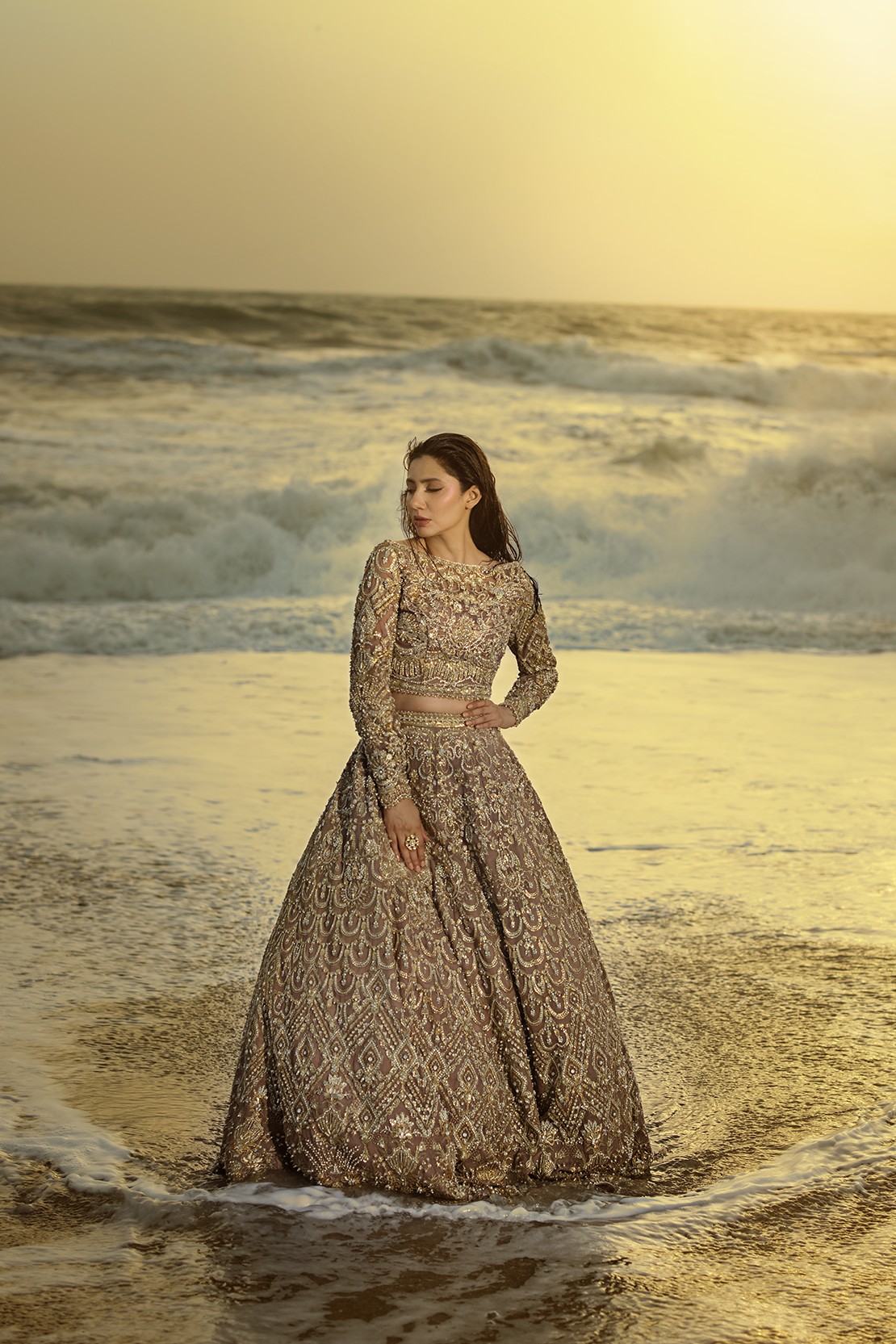Brown Embroidered Net Lehenga Choli (3-Piece) - Image 1