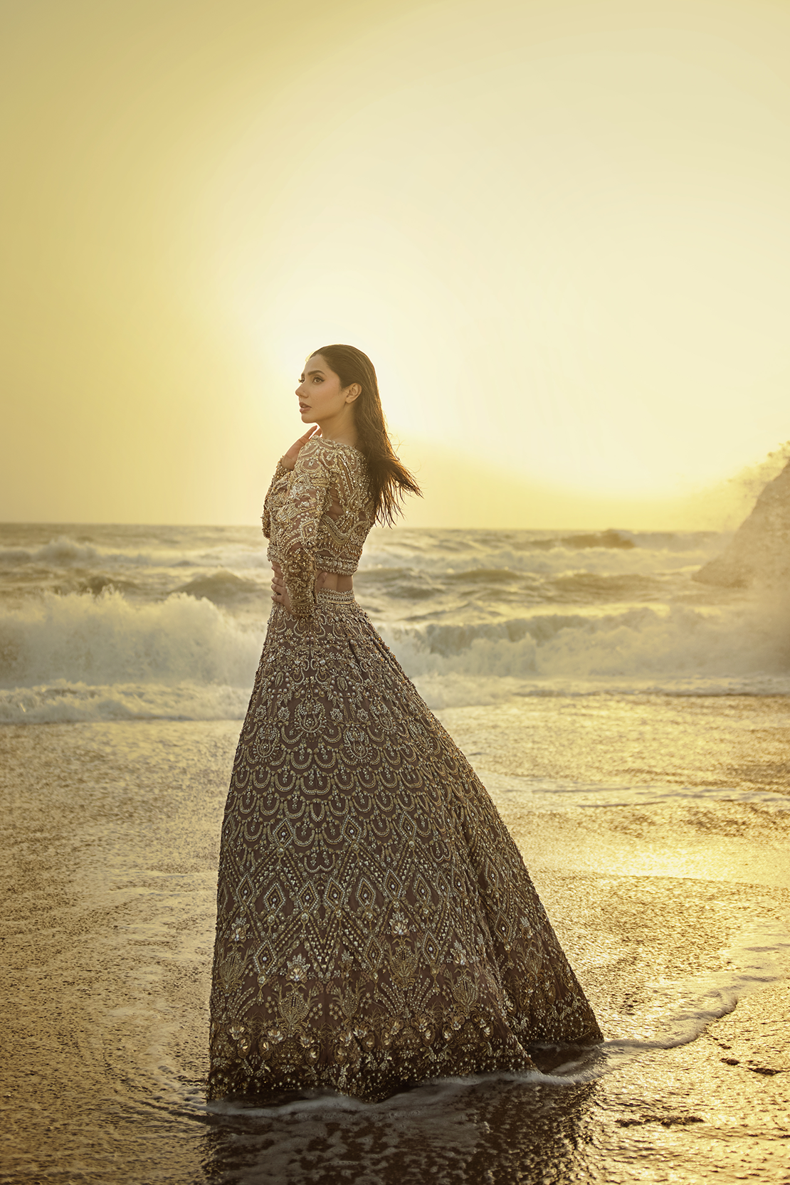 Brown Embroidered Net Lehenga Choli (3-Piece) - Image 2