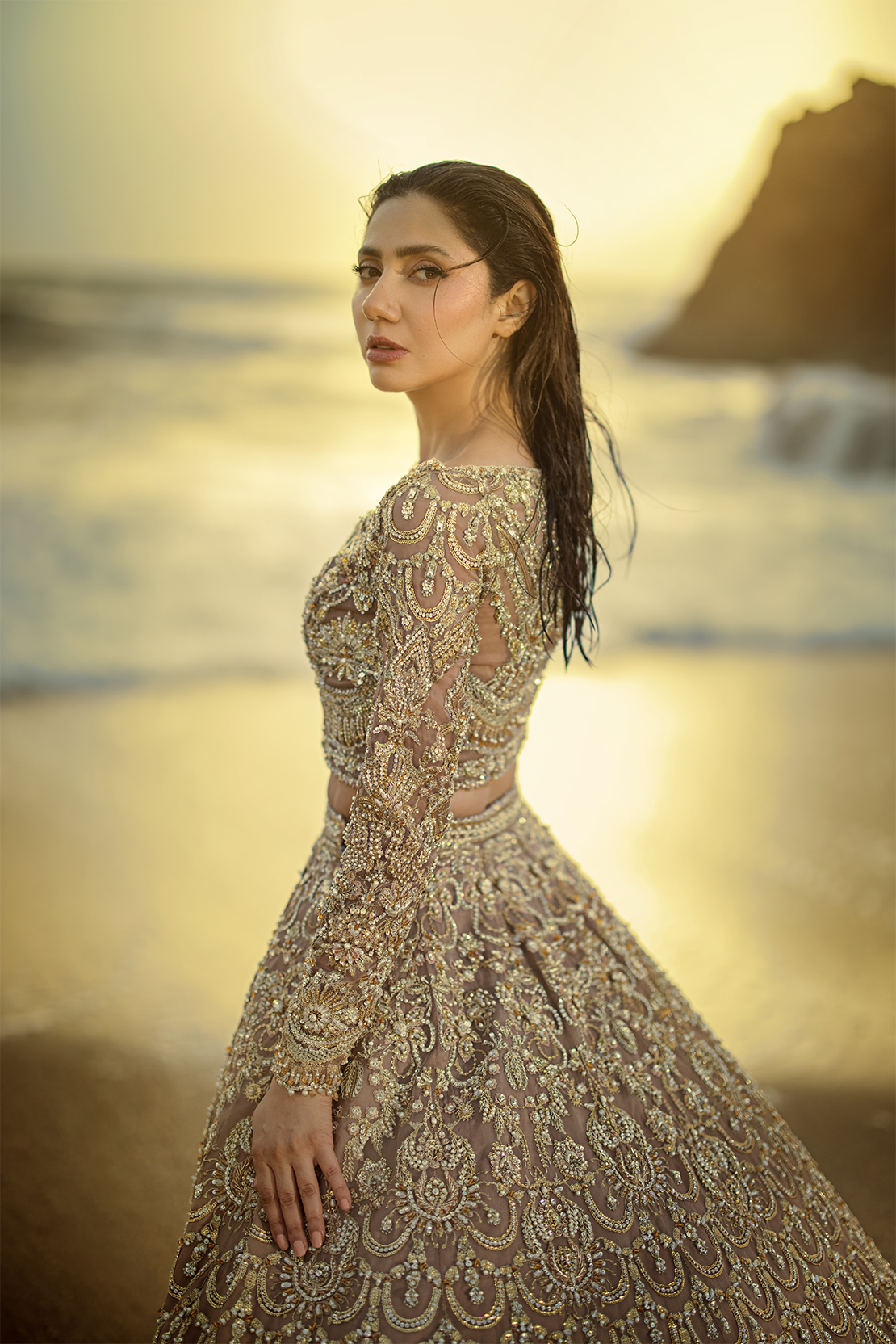 Brown Embroidered Net Lehenga Choli (3-Piece) - Image 3